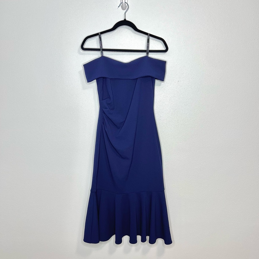 Vince Camuto Off-the-Shoulder Sheath Crepe Dress Navy Blue Women’s Size 6 NWOT
